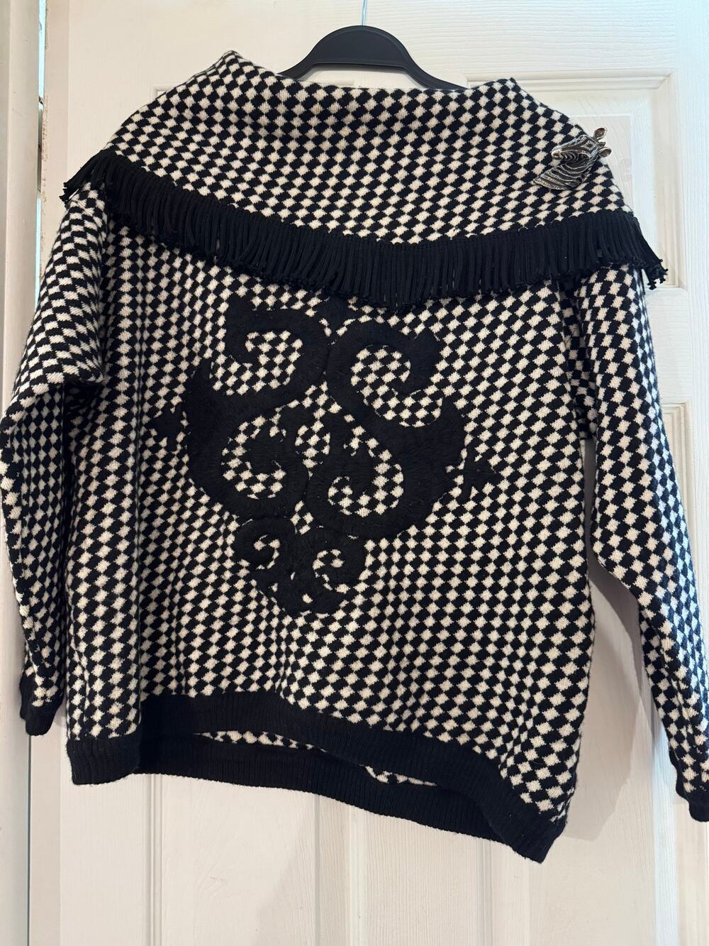 Vintage Andrea Jovine Harlequin Knit Fringe Collar Sweater S Zebra Brooch